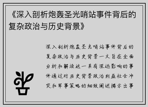 《深入剖析炮轰圣光哨站事件背后的复杂政治与历史背景》
