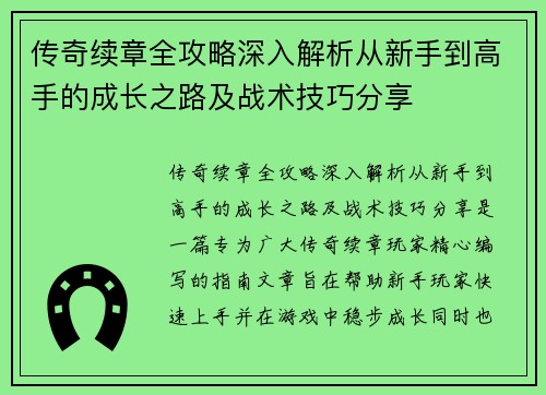 传奇续章全攻略深入解析从新手到高手的成长之路及战术技巧分享