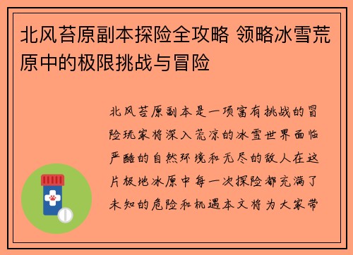 北风苔原副本探险全攻略 领略冰雪荒原中的极限挑战与冒险