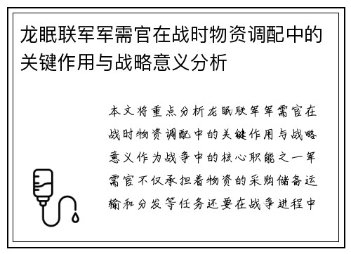龙眠联军军需官在战时物资调配中的关键作用与战略意义分析